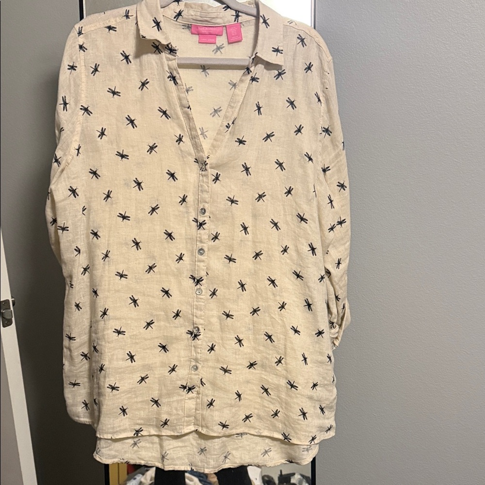 Isaac Mizrahi Beige Button Down Shirt with Black Dragonfly Print